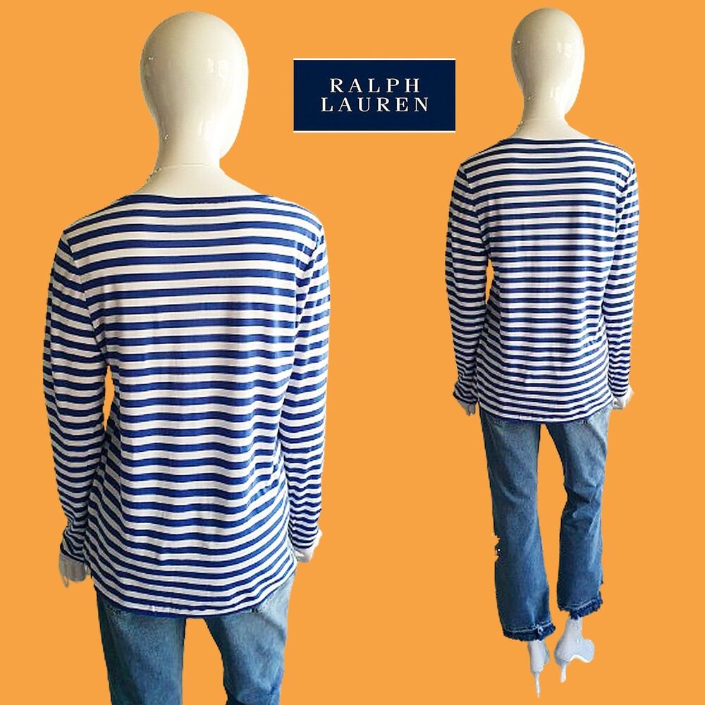 RALPH LAUREN Blue Label Striped Lime Pony V-Neck Long-Sleeve T-Shirt L - Picture 9 of 12